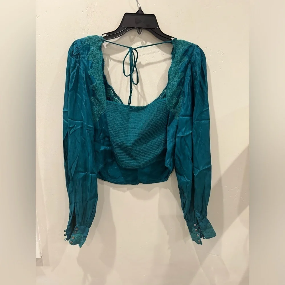 New Free People Janelle Lace Top in Green Jade SZ S 🔥🔥🔥